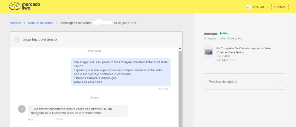 Avalia&ccedil;&atilde;o positiva de cliente da ArteFeita no Mercado Livre